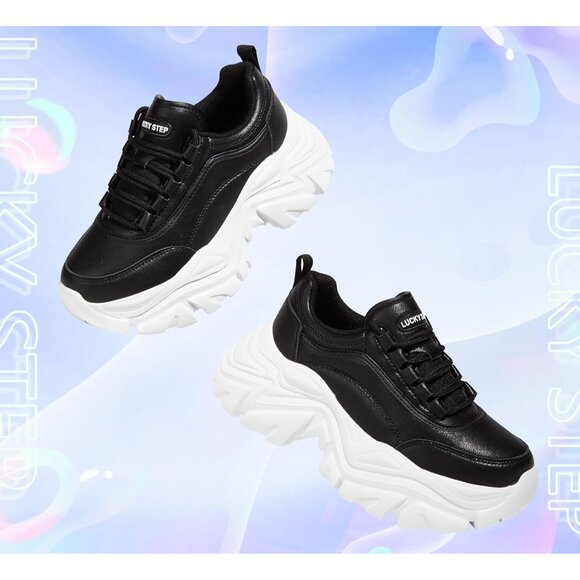 Brand New Women Black/White Rubber LUCKY STEP Chunky Platform Walking Sneaker - Picture 5 of 9